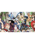 Fairy Tail anime desk pad 40x20 inches with Natsu, Lucy, Erza and Happy over vine-covered ruins.