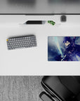 Anime mouse pad 14x10 inches featuring Kirito in action, surrounded by icy blues and electric glints in a dramatic scene.