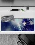 Anime mouse pad featuring Kirito diving forward with a blade, measuring 32x12 inches, in a dynamic, cool-toned scene.