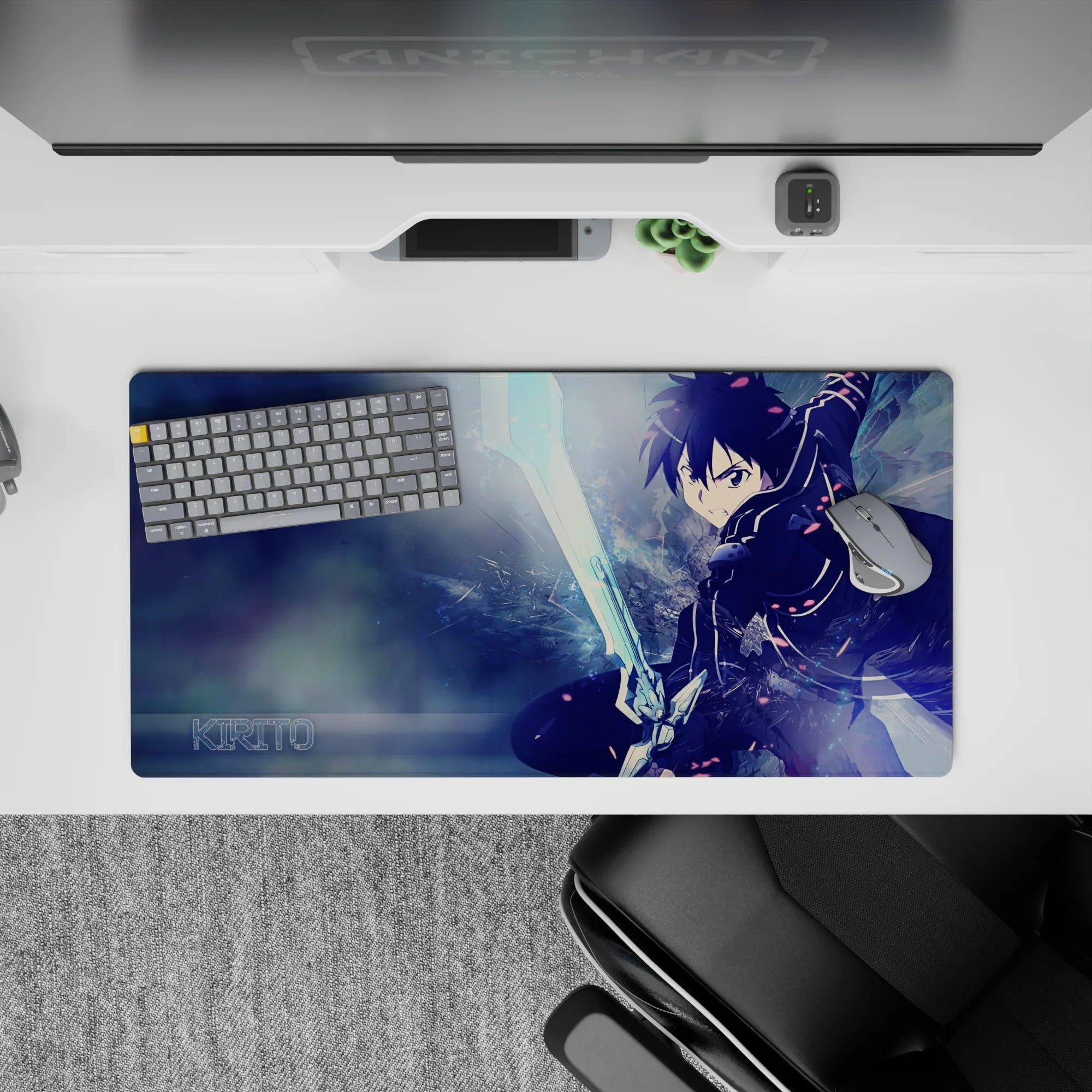Anime mouse pad 32x16 inches featuring Kirito from Sword Art Online, showcasing his dynamic, intense blade dive in icy blues.