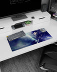 Anime mouse pad featuring Kirito in action from Sword Art Online, size 28x12 inches, with dynamic blue and light effects.