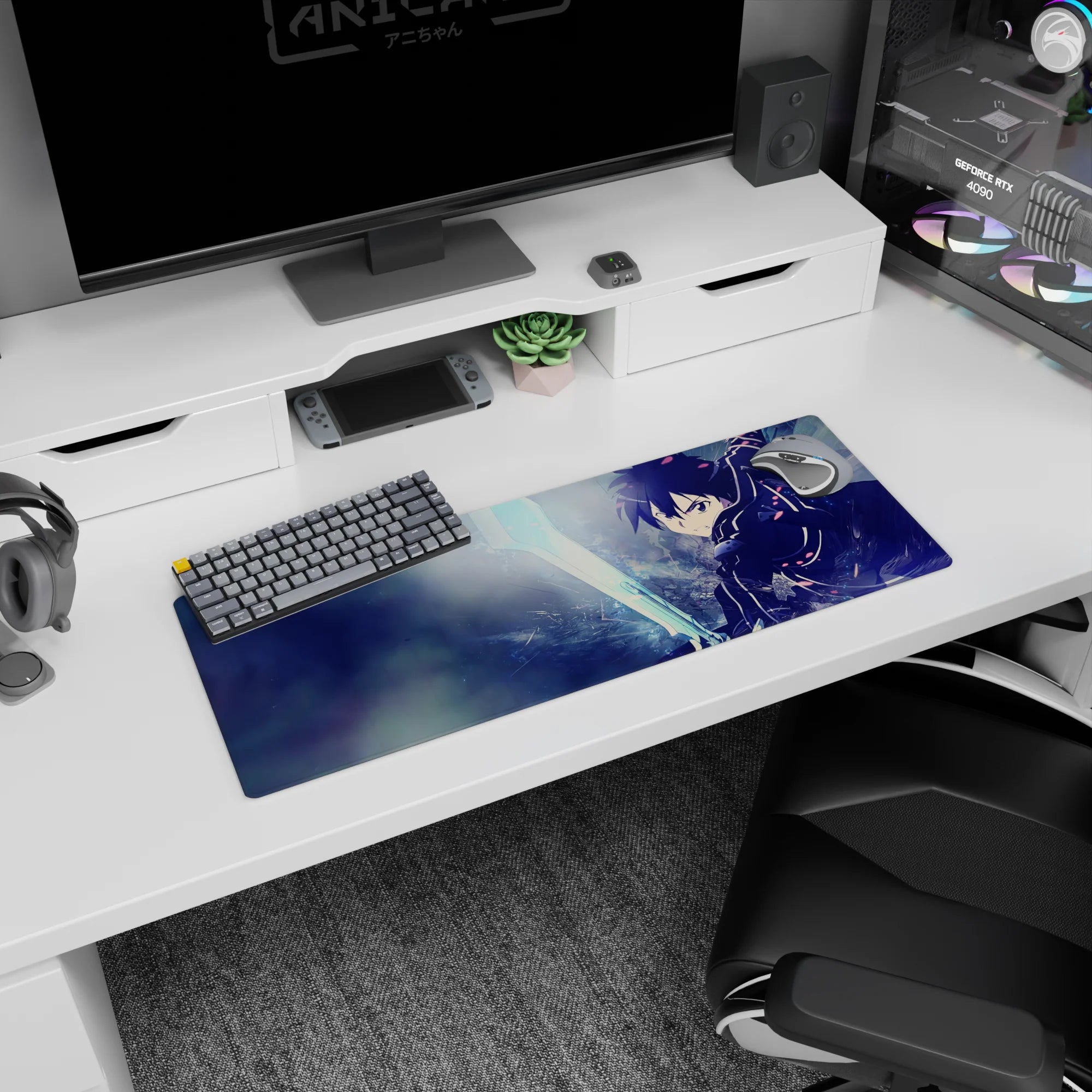 Anime mouse pad featuring Kirito in dynamic action, size 32x12 inches. Intense blues and light create a stormy scene.