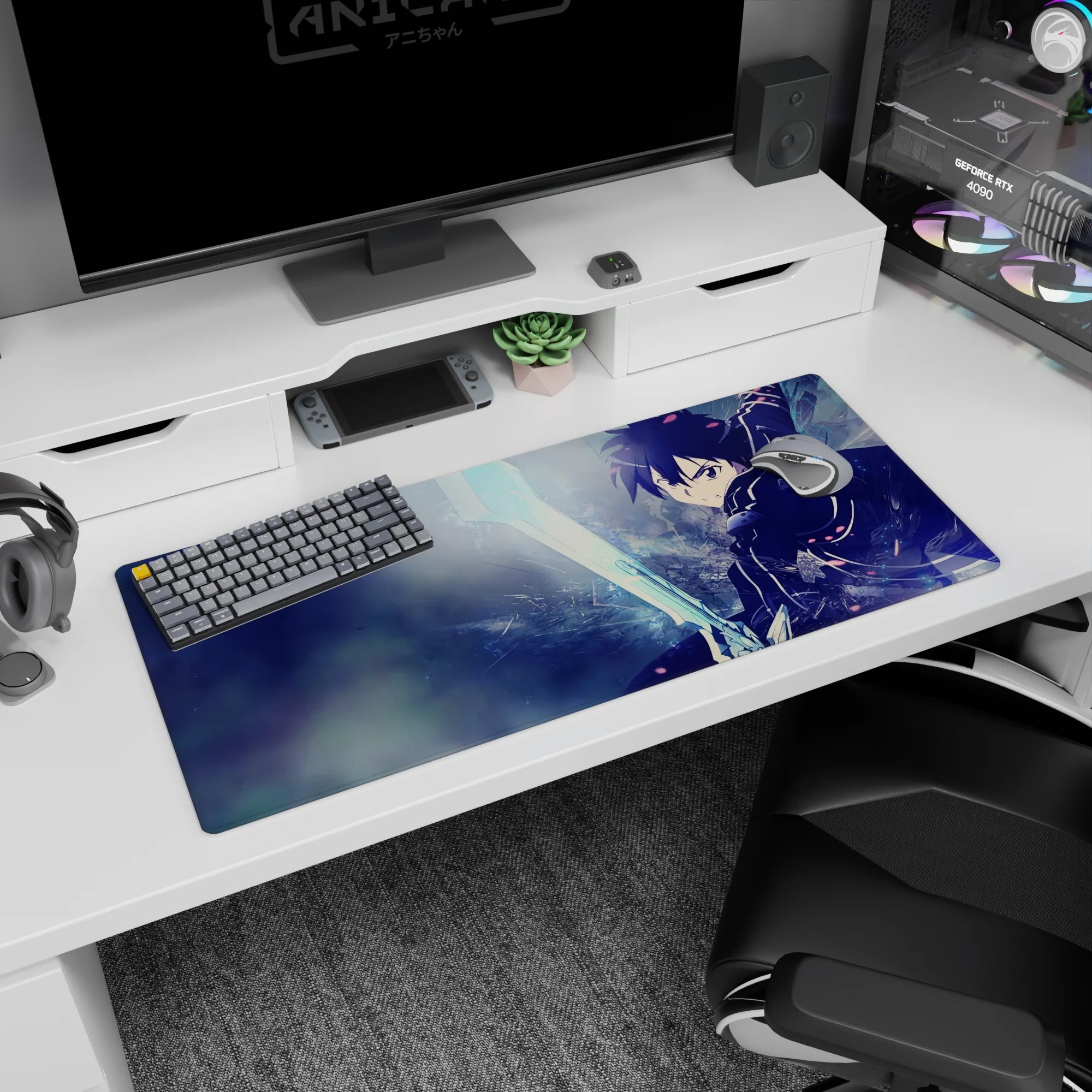 Kirito from Sword Art Online on a 36x16 inch anime mouse pad, showcasing intense energy with icy blues and dynamic motion.