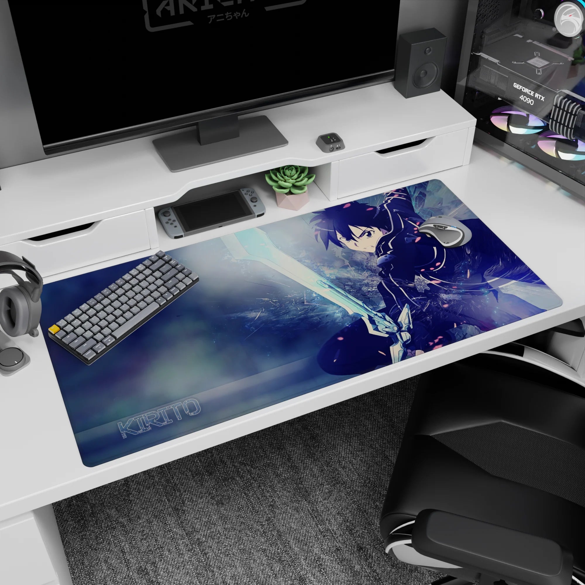 Anime desk pad featuring Kirito in action from Sword Art Online, size 40x20 inches, with dynamic icy blue tones.