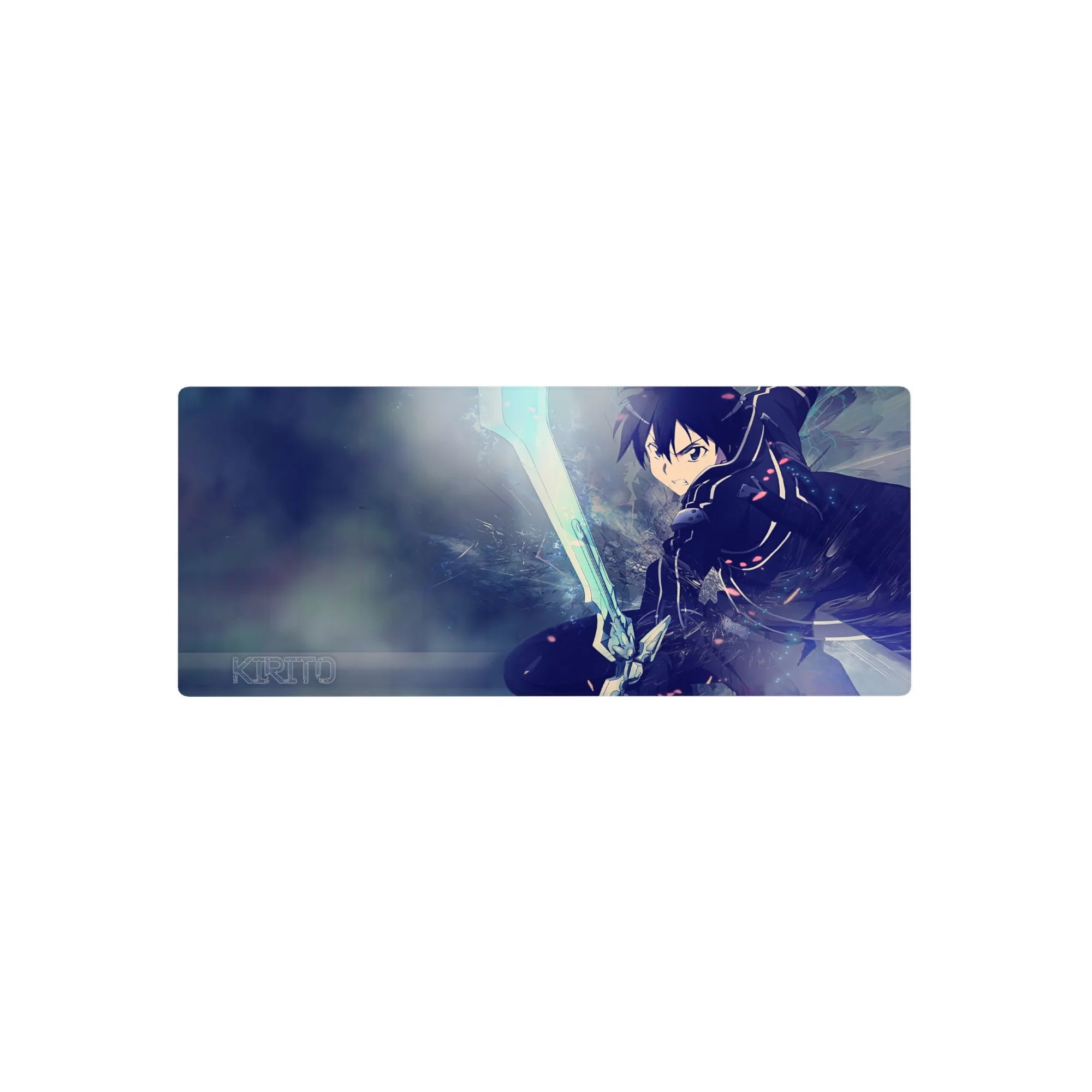 Kirito action scene on 28x12 inch anime mouse pad, featuring icy blues and dynamic motion, creating a storm-like effect.