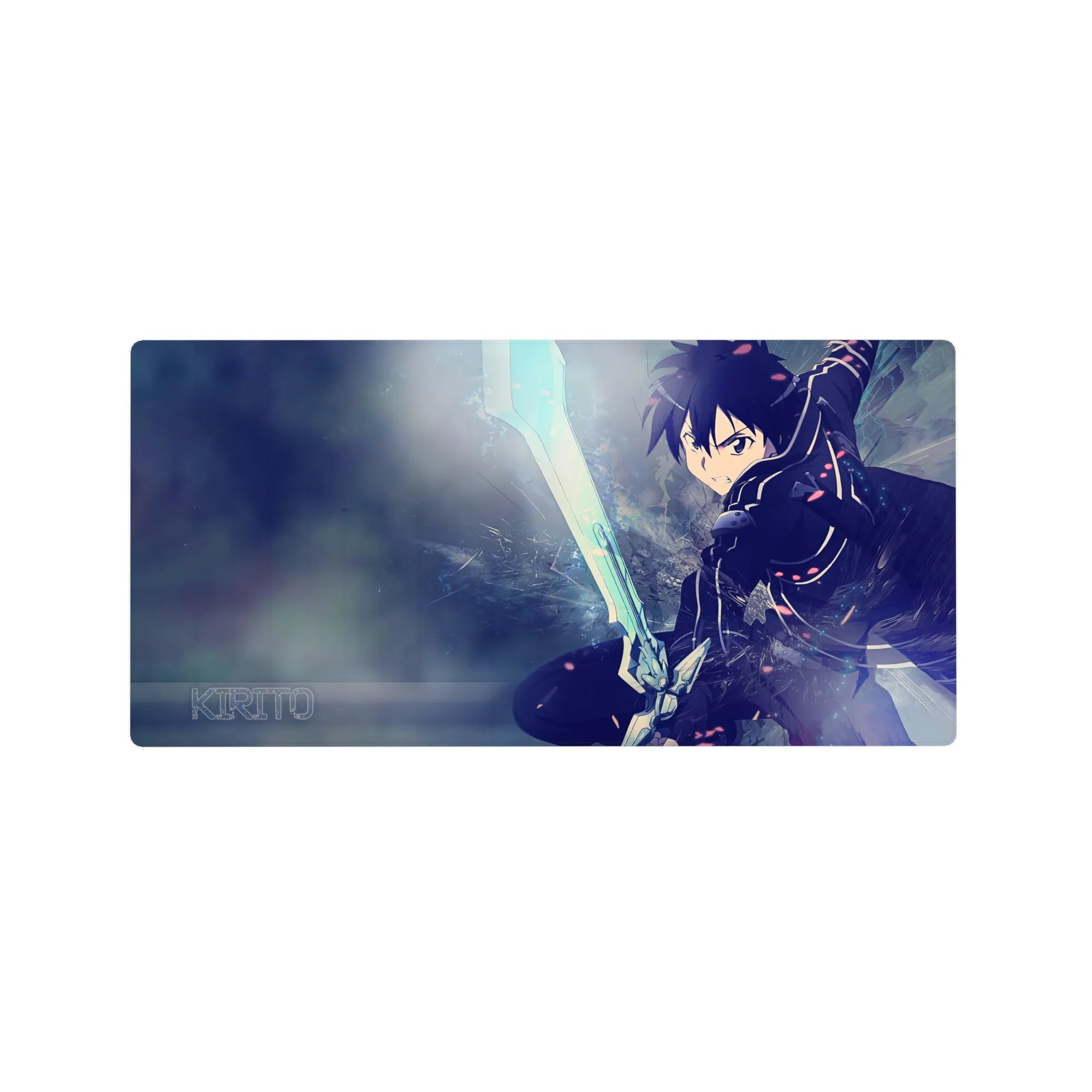 Anime mouse pad 32x16 inches featuring Kirito in action, capturing intense energy and motion with icy blues and electric glints.