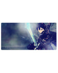 Anime mouse pad 32x16 inches featuring Kirito in action, capturing intense energy and motion with icy blues and electric glints.