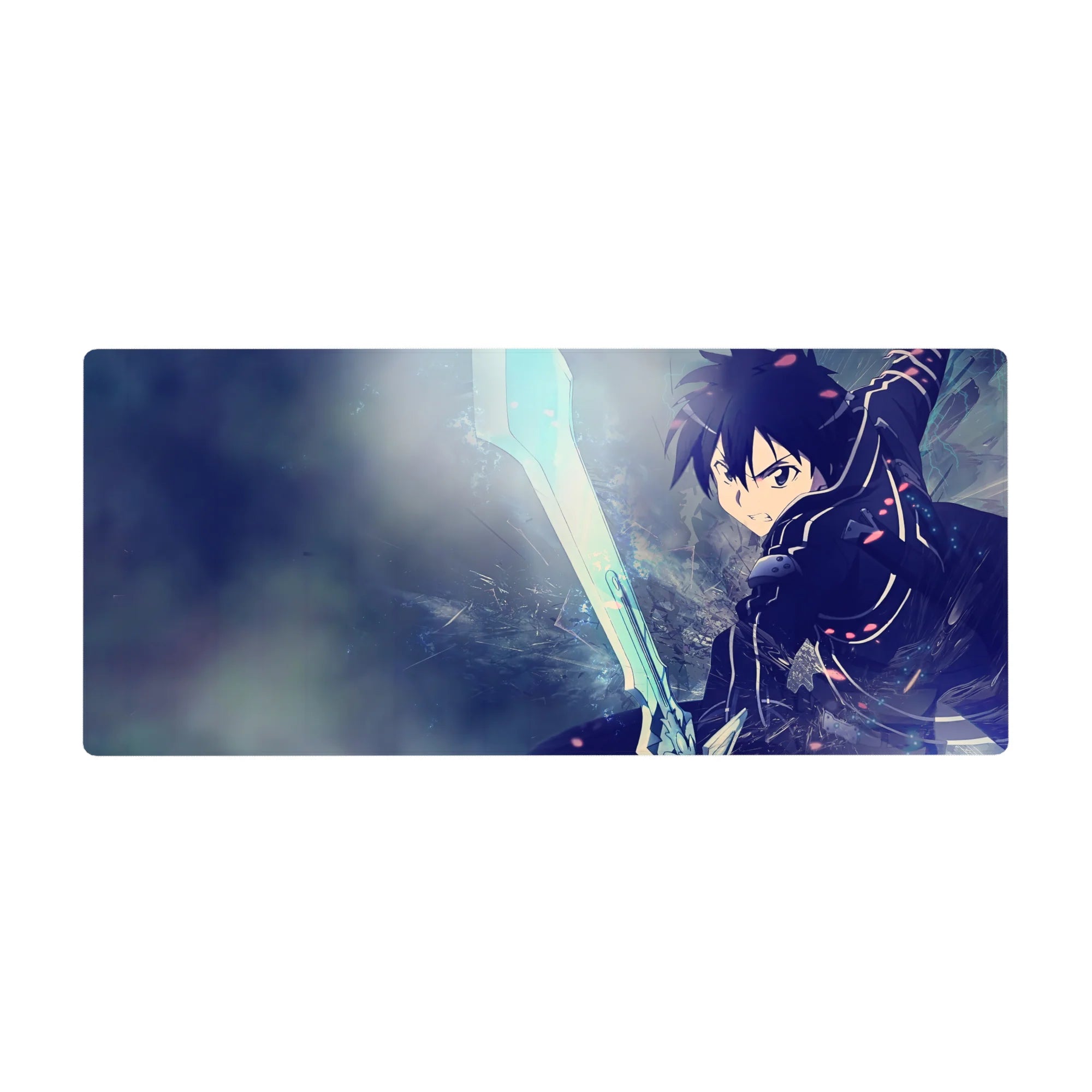 Anime desk pad 36x16 inches featuring Kirito diving forward with a blade, intense energy, and cool-toned motion.