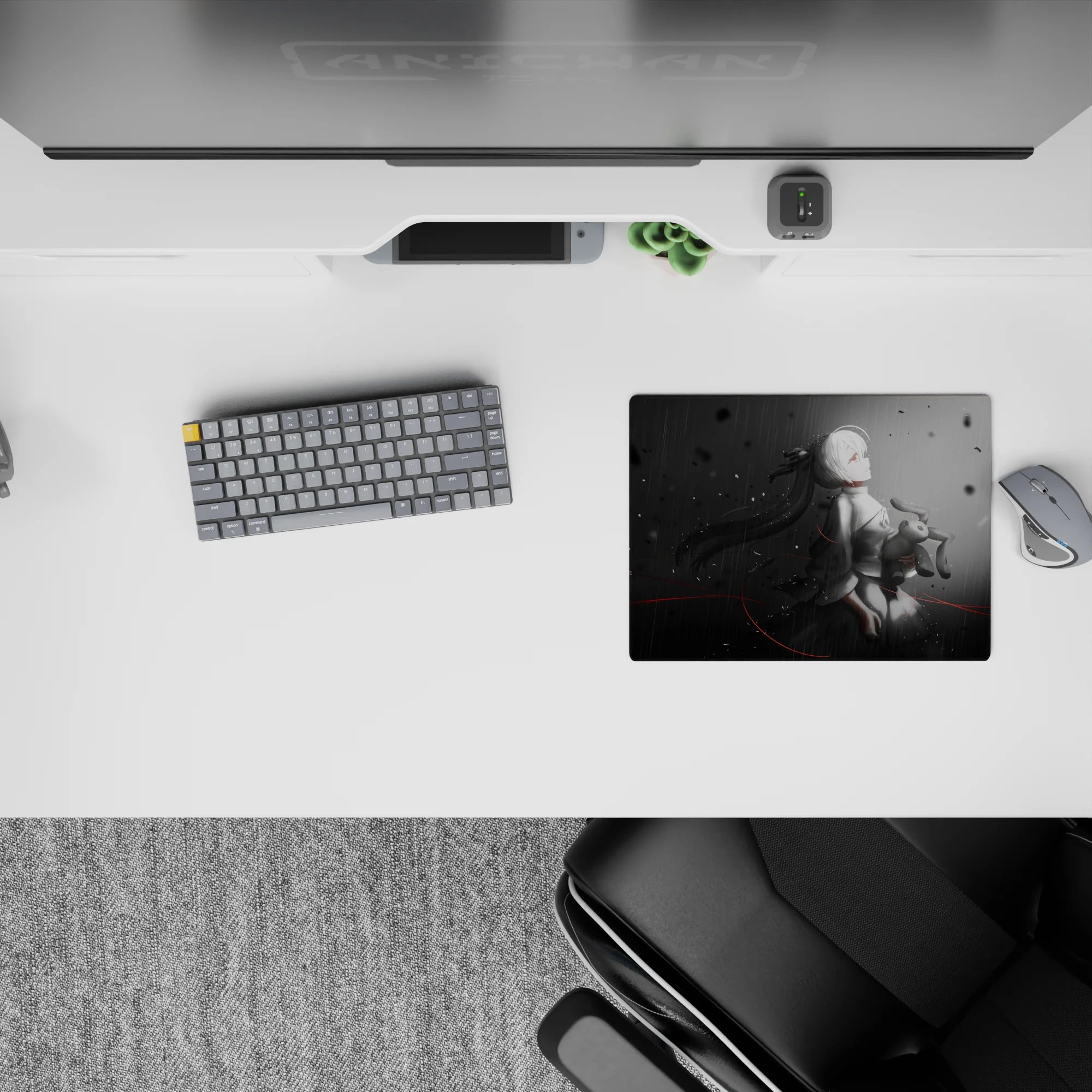 Moody grayscale anime girl mouse pad 14x10 inches, charcoal-to-mist fade with thin red line drama.