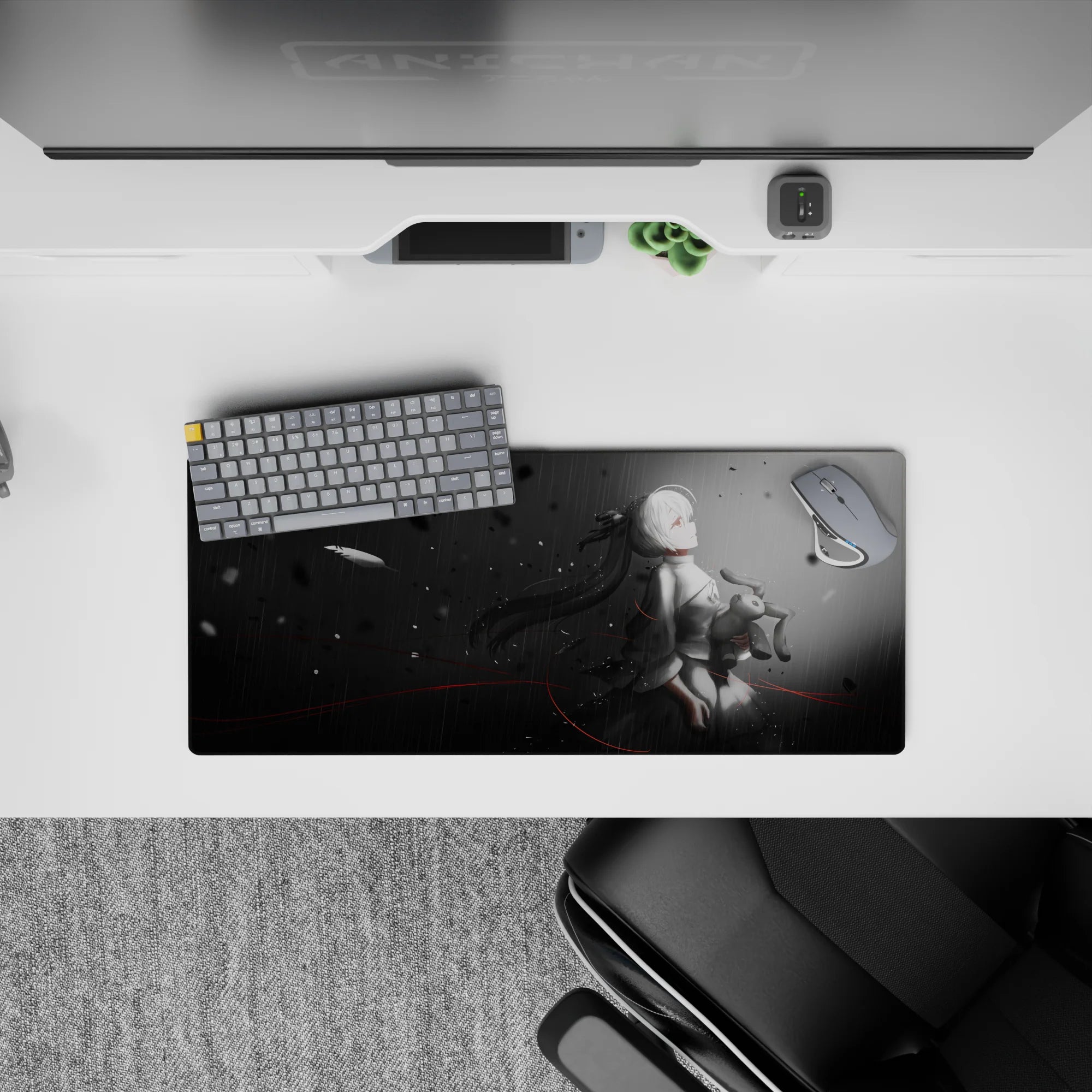 Moody grayscale anime girl mouse pad 28x12 inches, charcoal-to-mist fade with subtle red slashes.