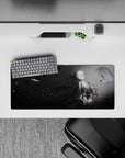 Moody grayscale anime girl mouse pad 28x12 inches, charcoal-to-mist fade with subtle red slashes.