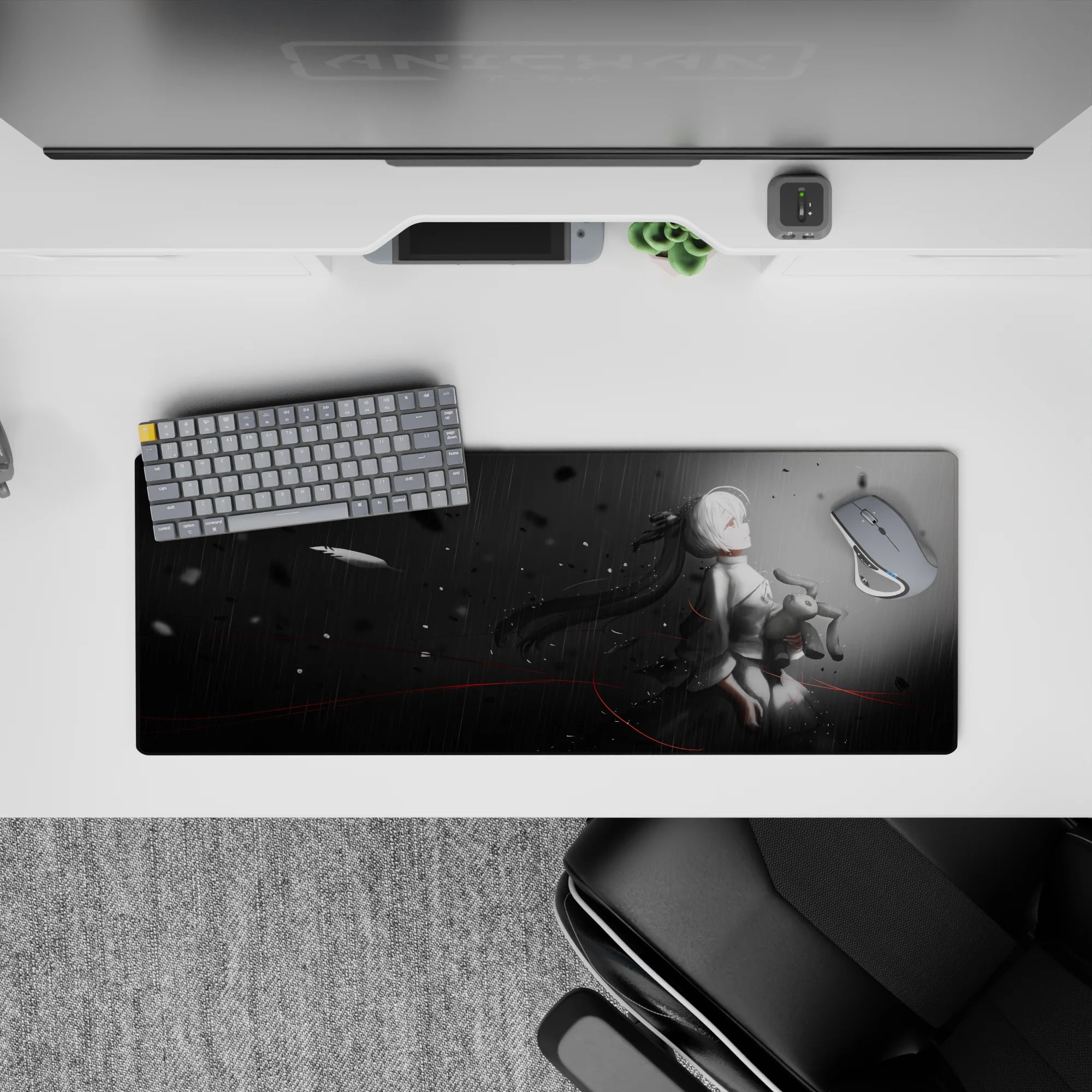 32x12 inches desk mouse pad in moody charcoal-to-mist tones, calm chaos with soft sad vibe.