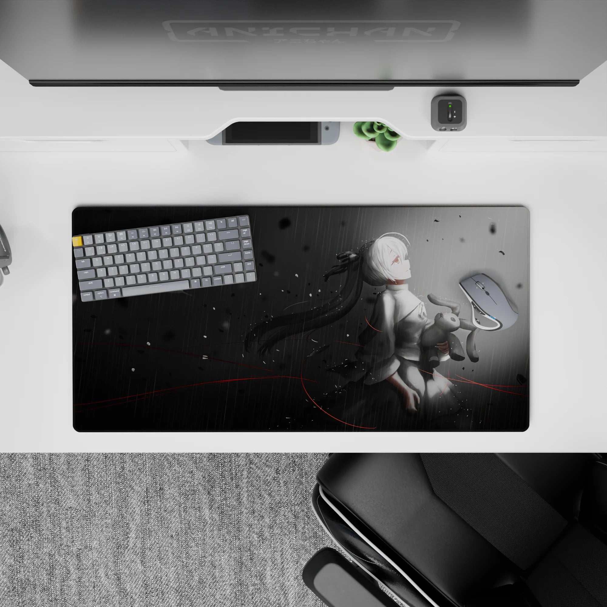 32x16 inches anime girl mouse pad in moody charcoal-to-mist grayscale with thin red lines and soft rain vibe.