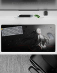 32x16 inches anime girl mouse pad in moody charcoal-to-mist grayscale with thin red lines and soft rain vibe.