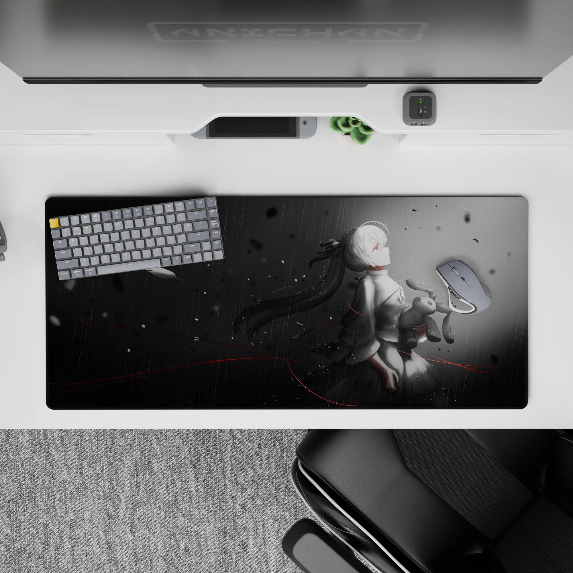 36x16 inches grayscale anime desk pad, moody rain haze with charcoal-to-mist fade and thin red slashes.