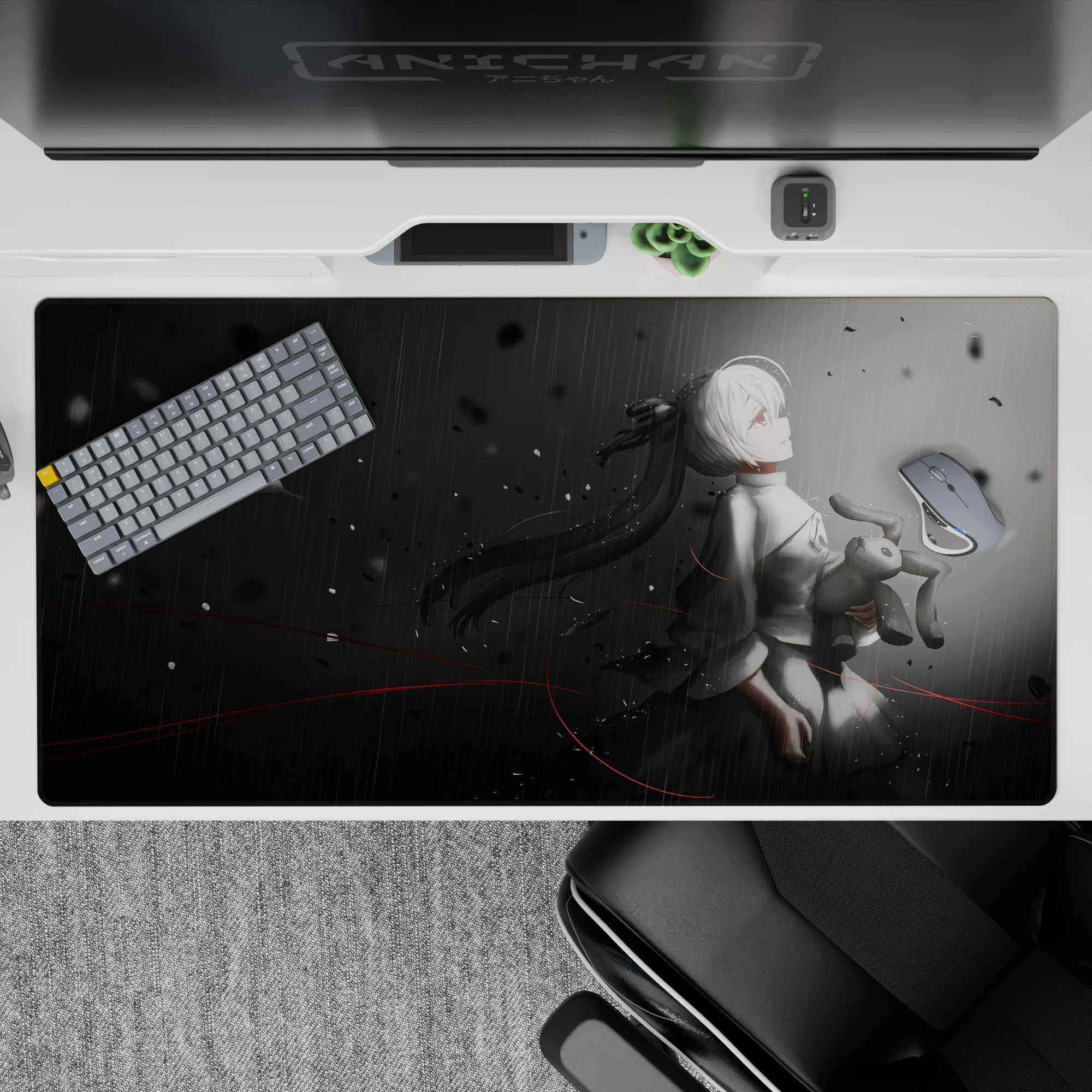 40x20 inches grayscale desk pad, charcoal-to-mist fade with thin red lines, calm melancholic anime vibe.