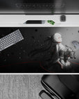 40x20 inches grayscale desk pad, charcoal-to-mist fade with thin red lines, calm melancholic anime vibe.