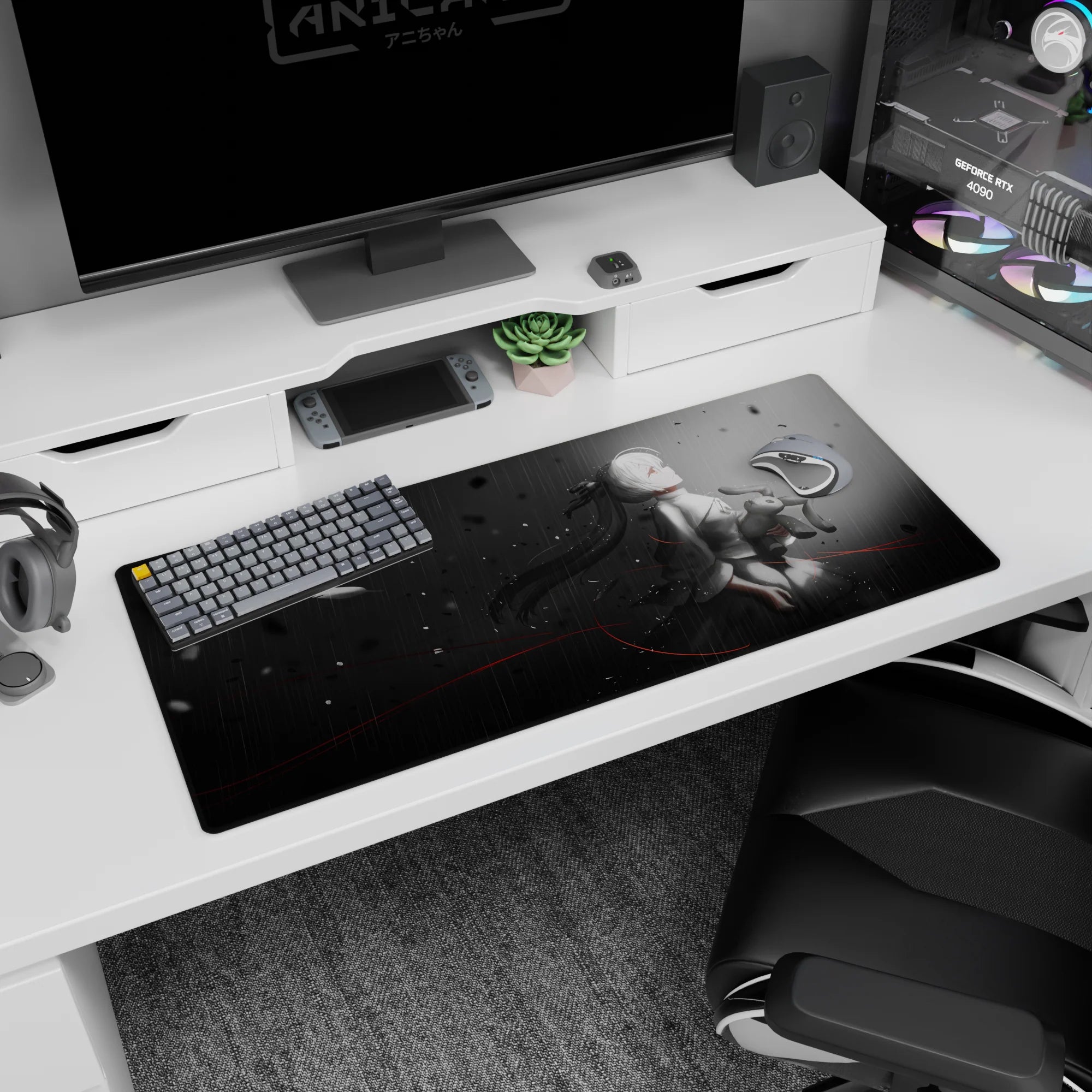 36x16 inches NieR:Automata 2B desk pad, standing still holding a soft bunny as black petals fall.