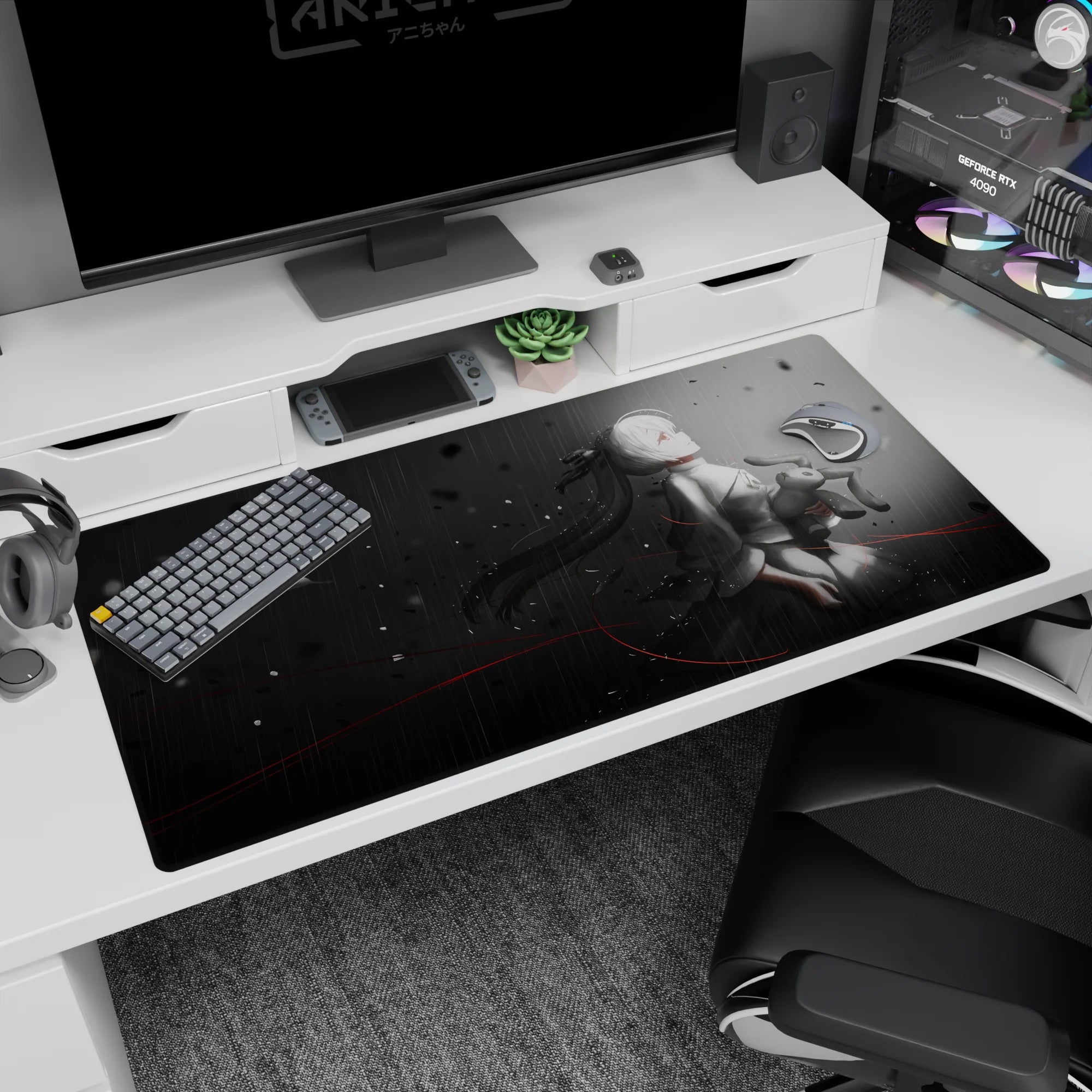 40x20 inches desk pad showing white-bob android girl with long ribbons holding a plush bunny in rainy petals.