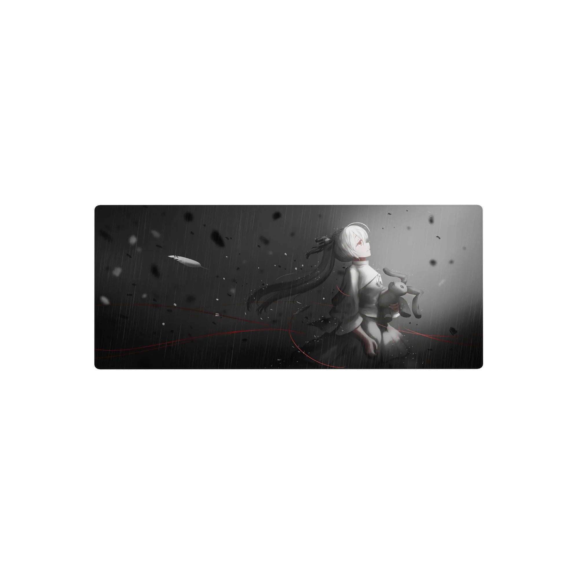 Anime girl mouse pad 28x12 inches with grayscale rain scene, black petals, and red accent lines.