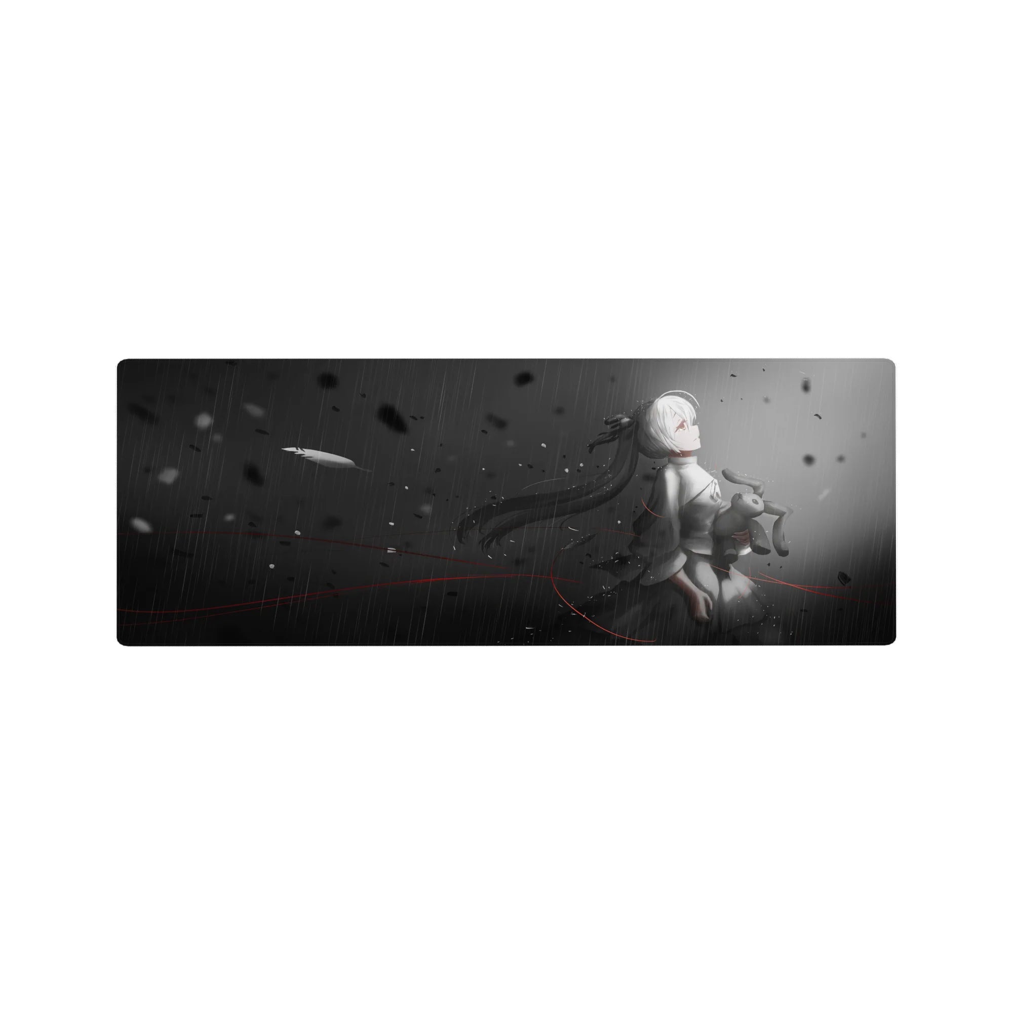 32x12 inches anime girl mouse pad with grayscale rain, black petals, and red accent lines.
