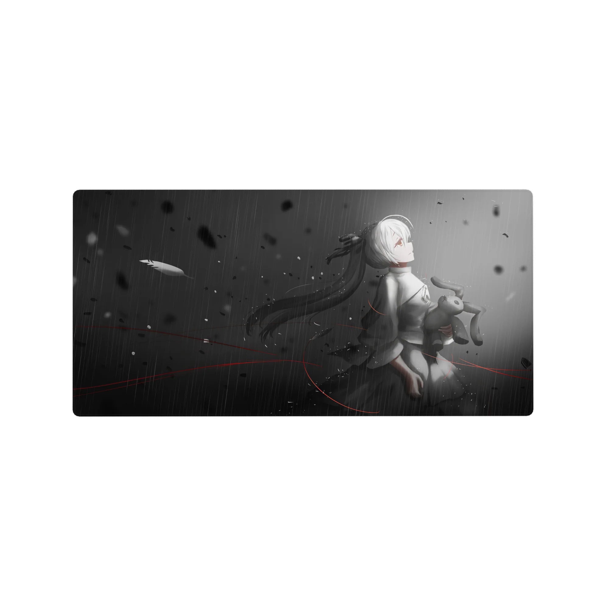 32x16 inches anime girl mouse pad with 2B-inspired grayscale art, black petals, red accents, bunny plush.