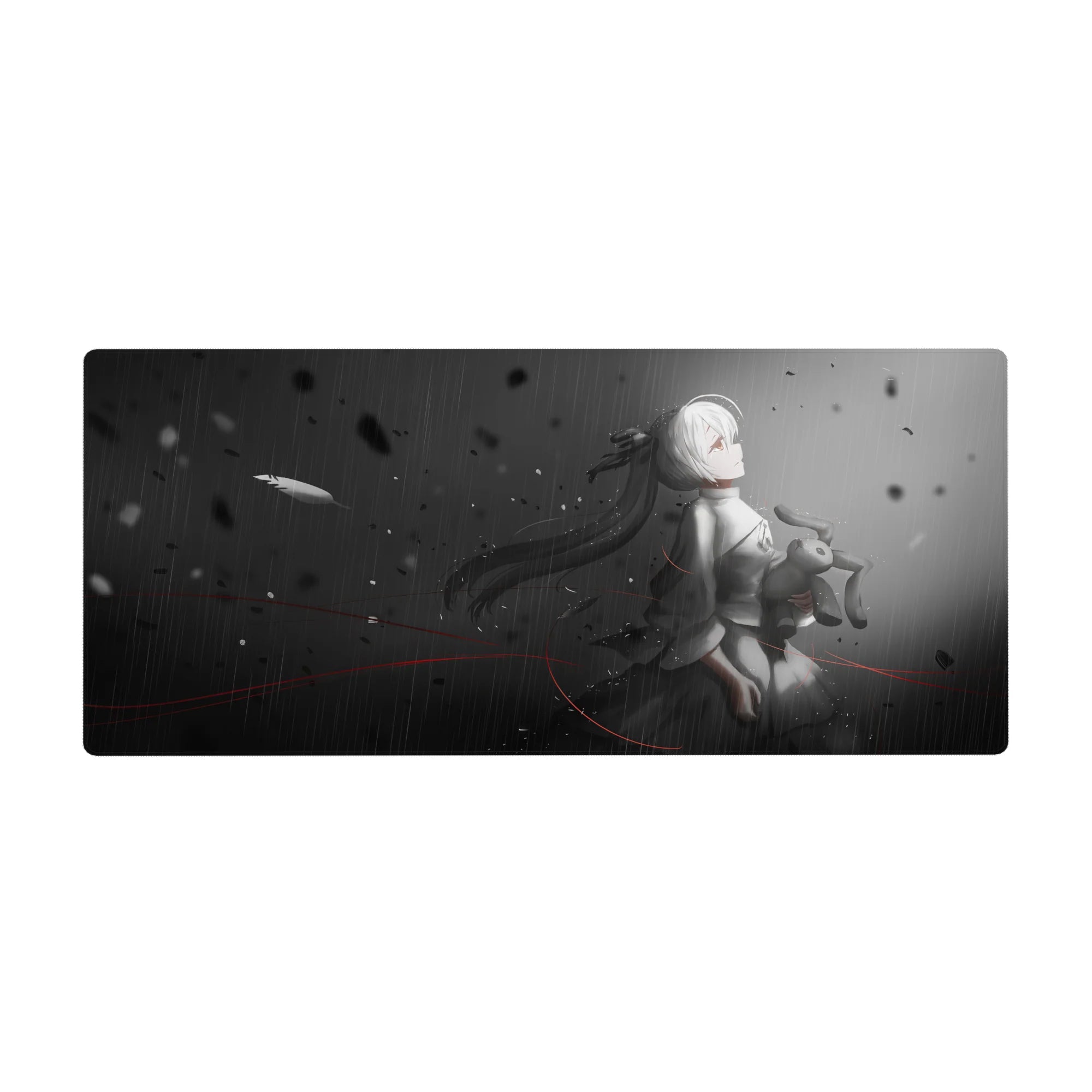 36x16 inches anime girl desk pad with 2B-style white bob, bunny plush, and drifting black petals.