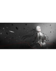 36x16 inches anime girl desk pad with 2B-style white bob, bunny plush, and drifting black petals.