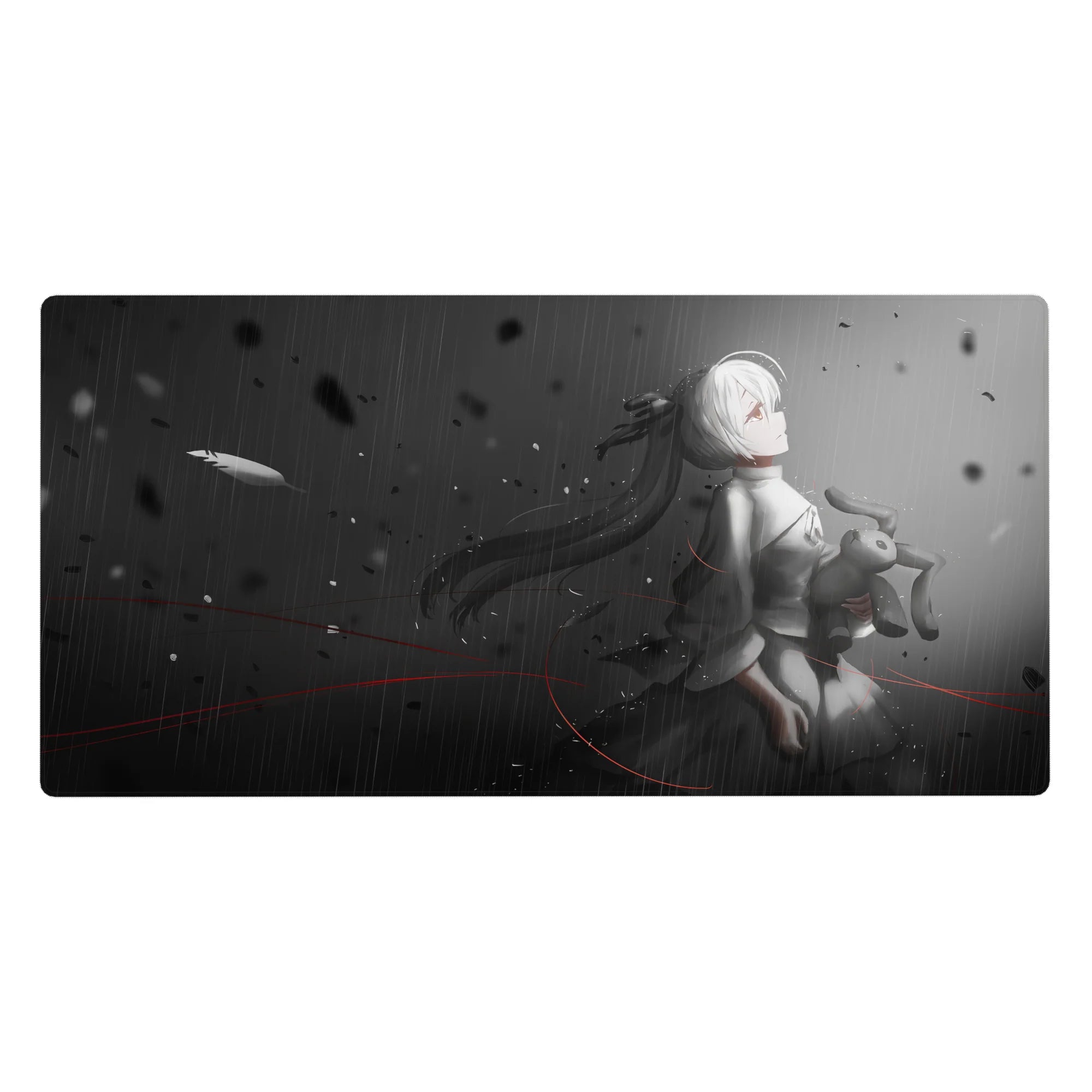 40x20 inches anime girl desk pad with 2B-inspired rain scene, black petals, red accents, and bunny.