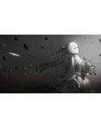 40x20 inches anime girl desk pad with 2B-inspired rain scene, black petals, red accents, and bunny.