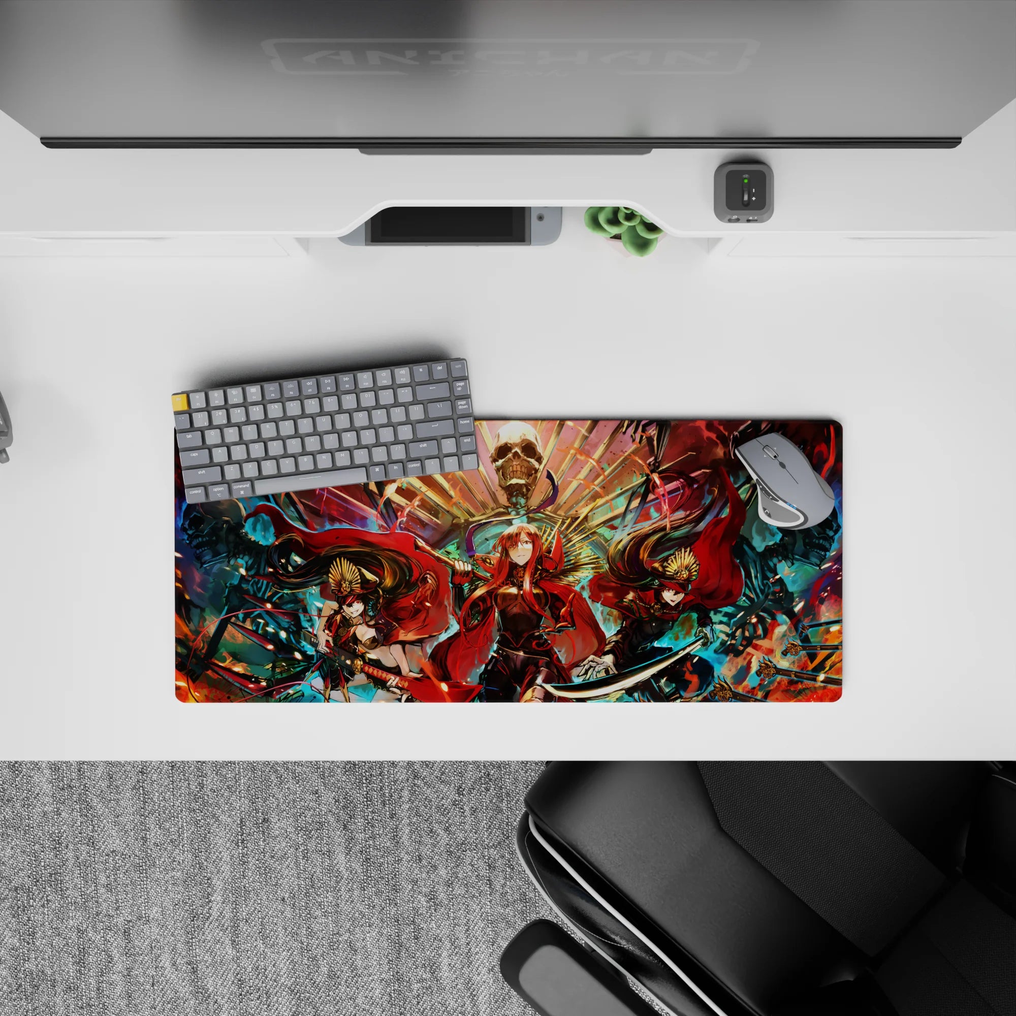 28x12 inches anime girl mouse pad in fiery red and smoky black with teal sparks and gold fan patterns.