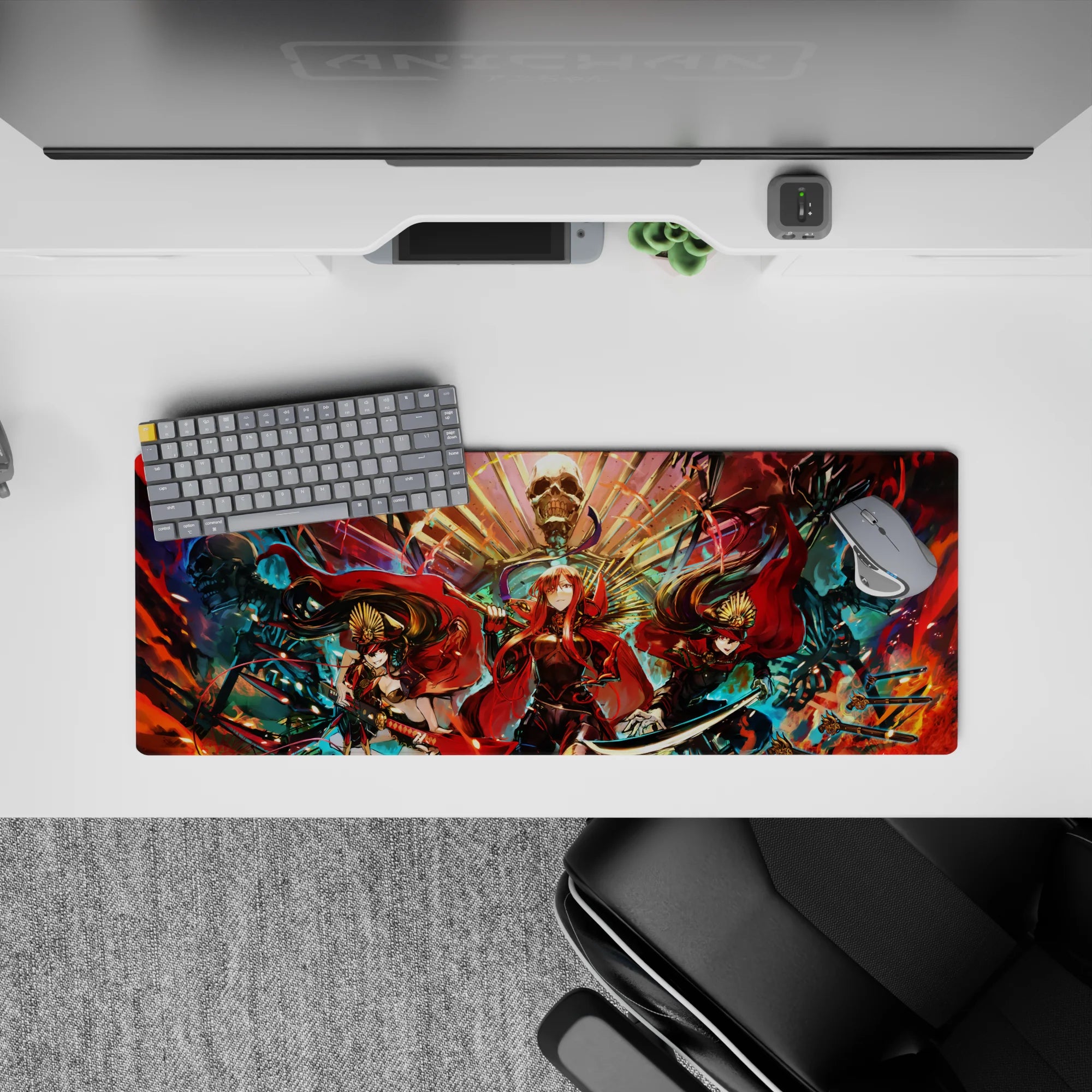 32x12 inches anime girl mouse pad in fiery reds on smoky black with teal sparks and gold fan patterns.