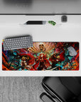 32x12 inches anime girl mouse pad in fiery reds on smoky black with teal sparks and gold fan patterns.