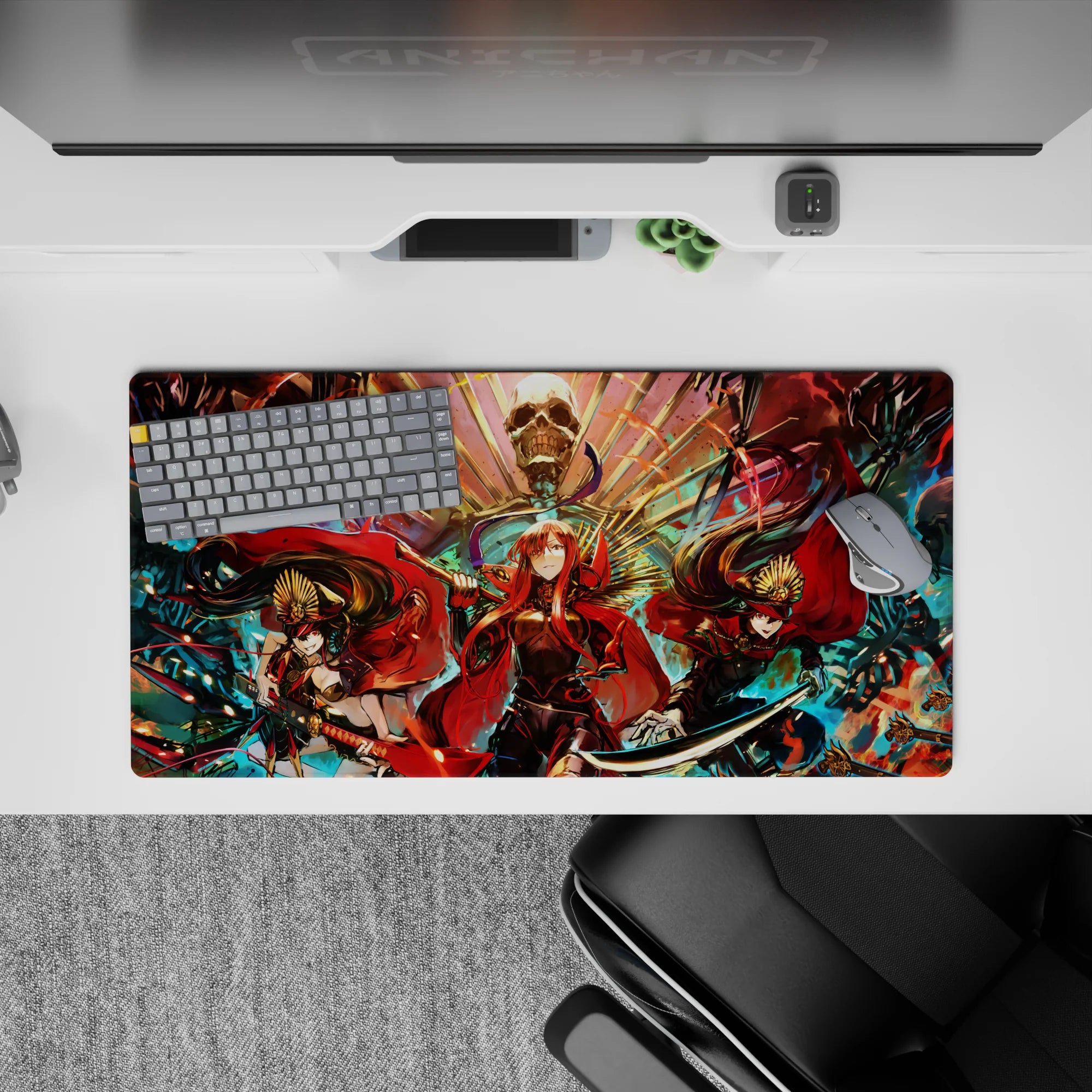32x16 inches anime mouse pad in fiery red and smoky black with teal sparks and gold fan patterns.