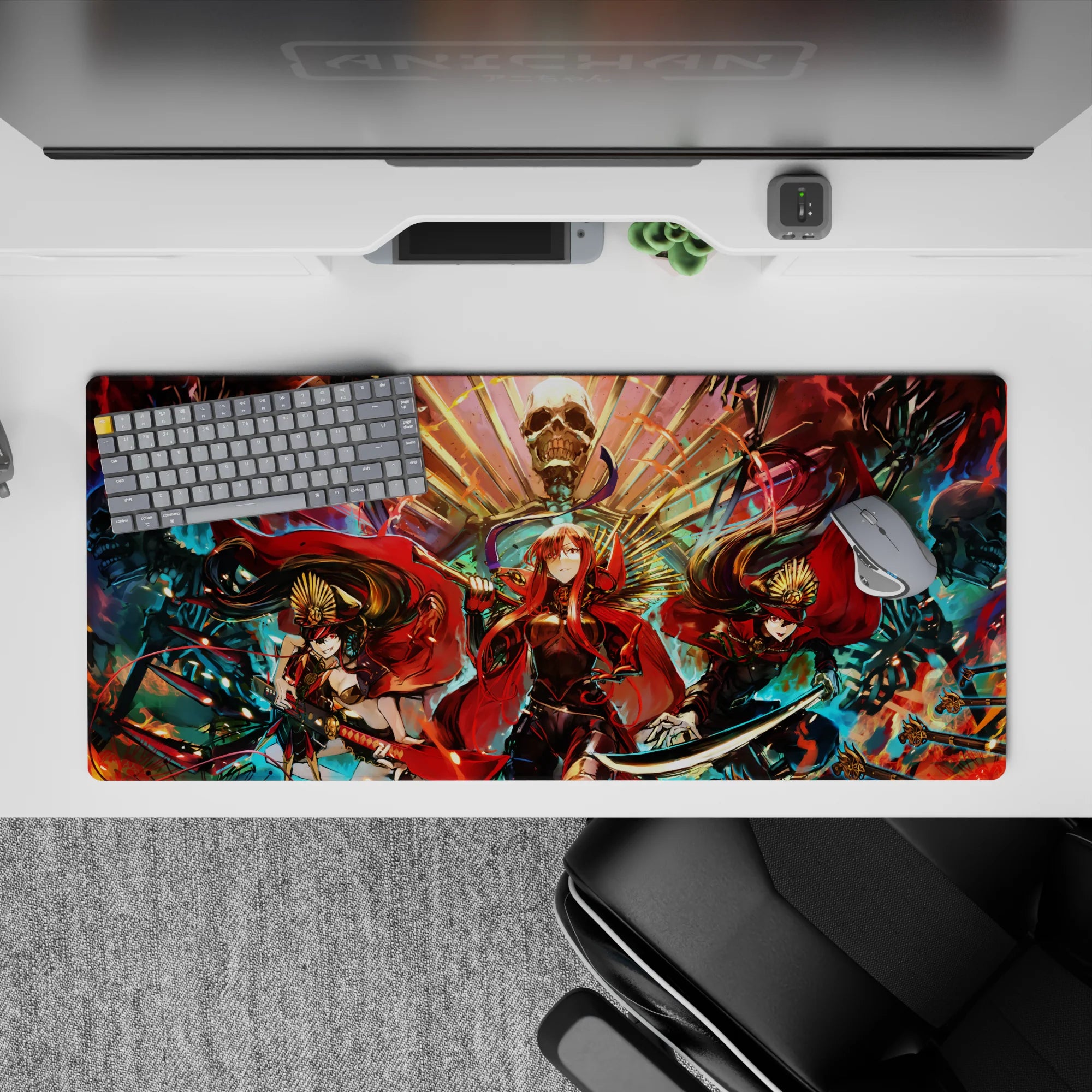 36x16 inches anime desk pad in fiery red on smoky black with teal sparks and gold fan patterns, dark vibe.