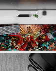 36x16 inches anime desk pad in fiery red on smoky black with teal sparks and gold fan patterns, dark vibe.