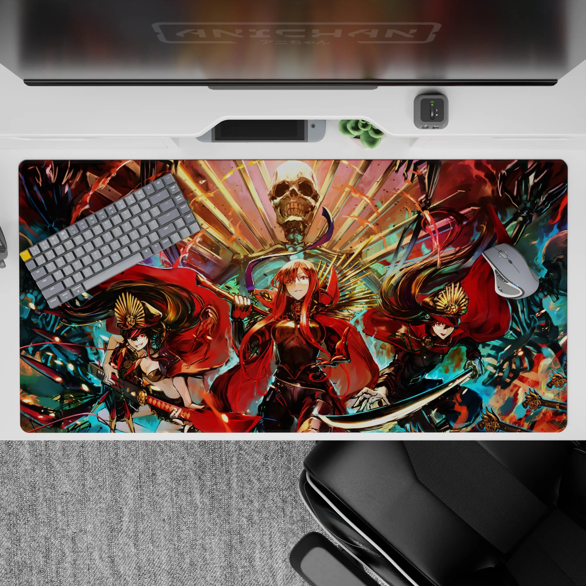 Dark red and smoky black anime girl desk pad 40x20 inches with teal sparks and gold fan patterns.
