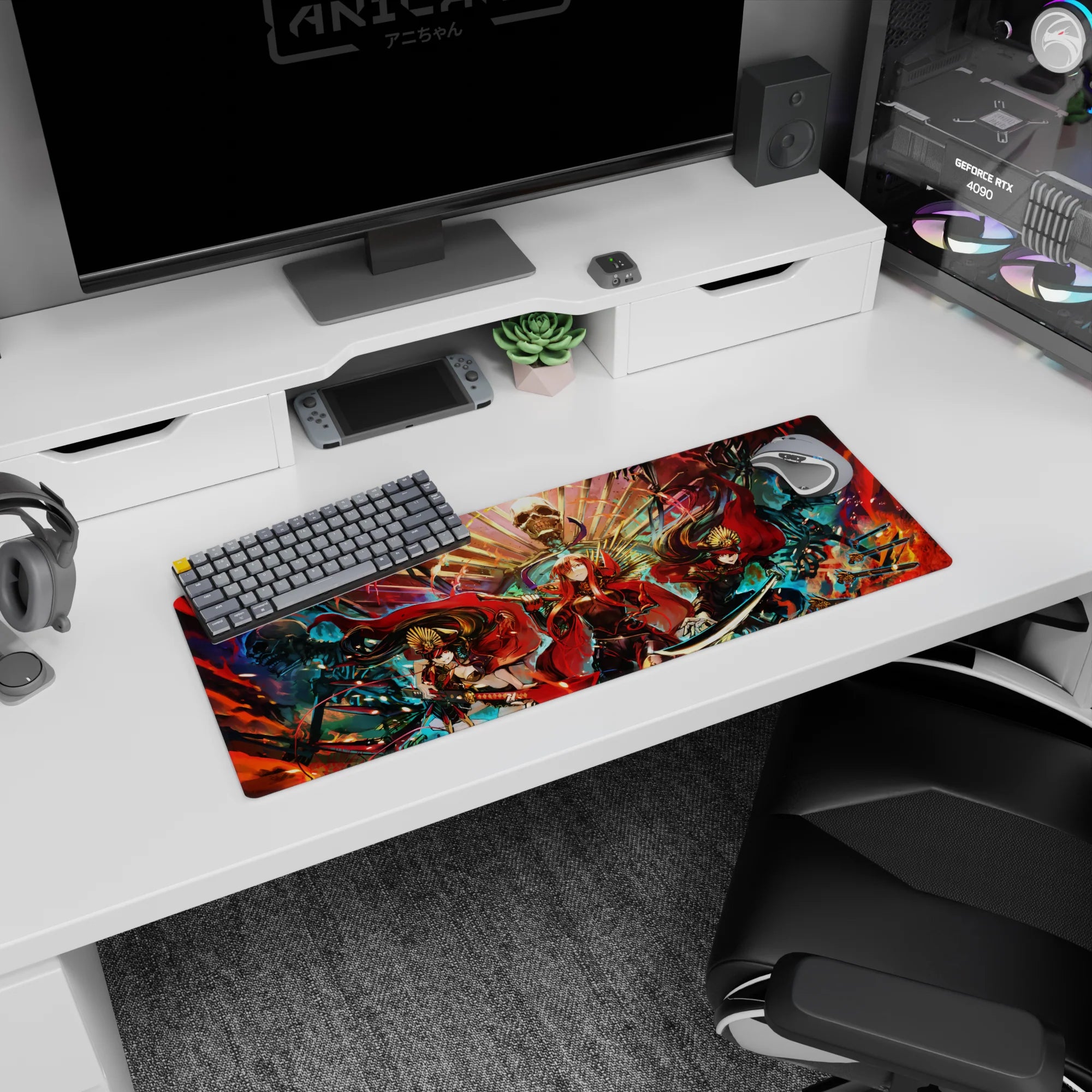 32x12 inches anime girl mouse pad showing three red-robed warriors beneath a looming skull throne.