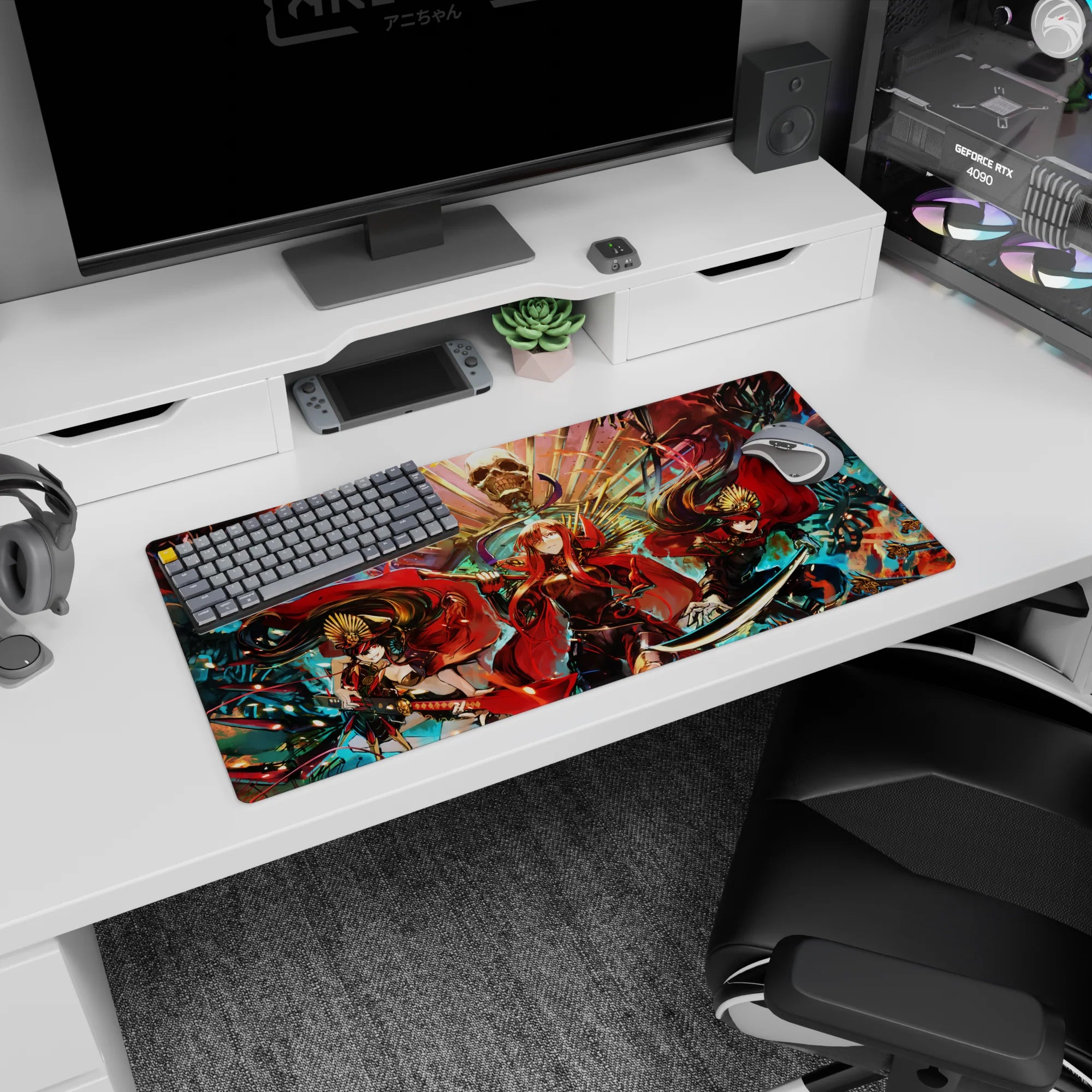 32x16 inches anime girl mouse pad showing a red-cloaked trio beneath a looming skull throne scene.