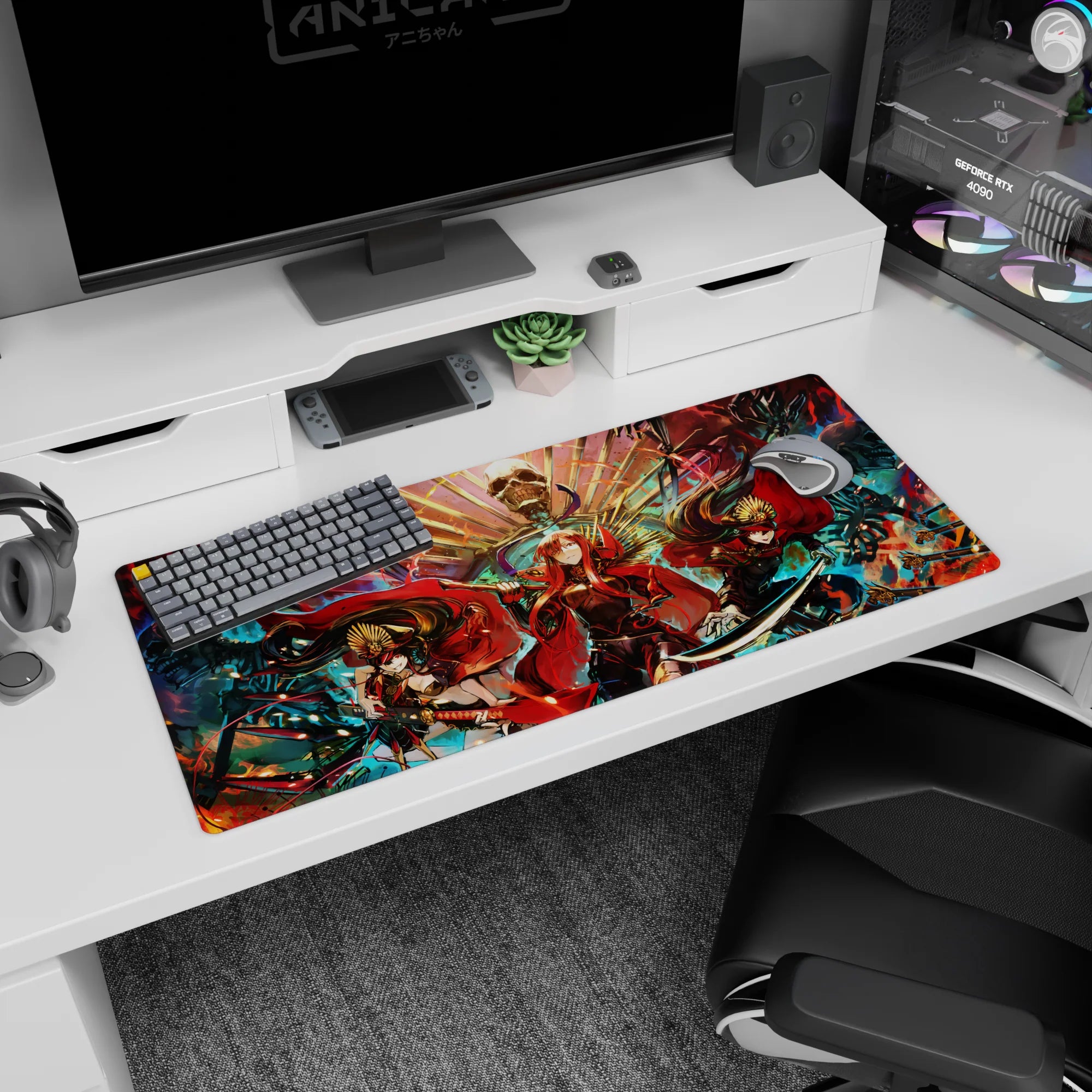 36x16 inches anime girl desk pad showing three red-cloaked warriors facing forward beneath a looming skull throne.