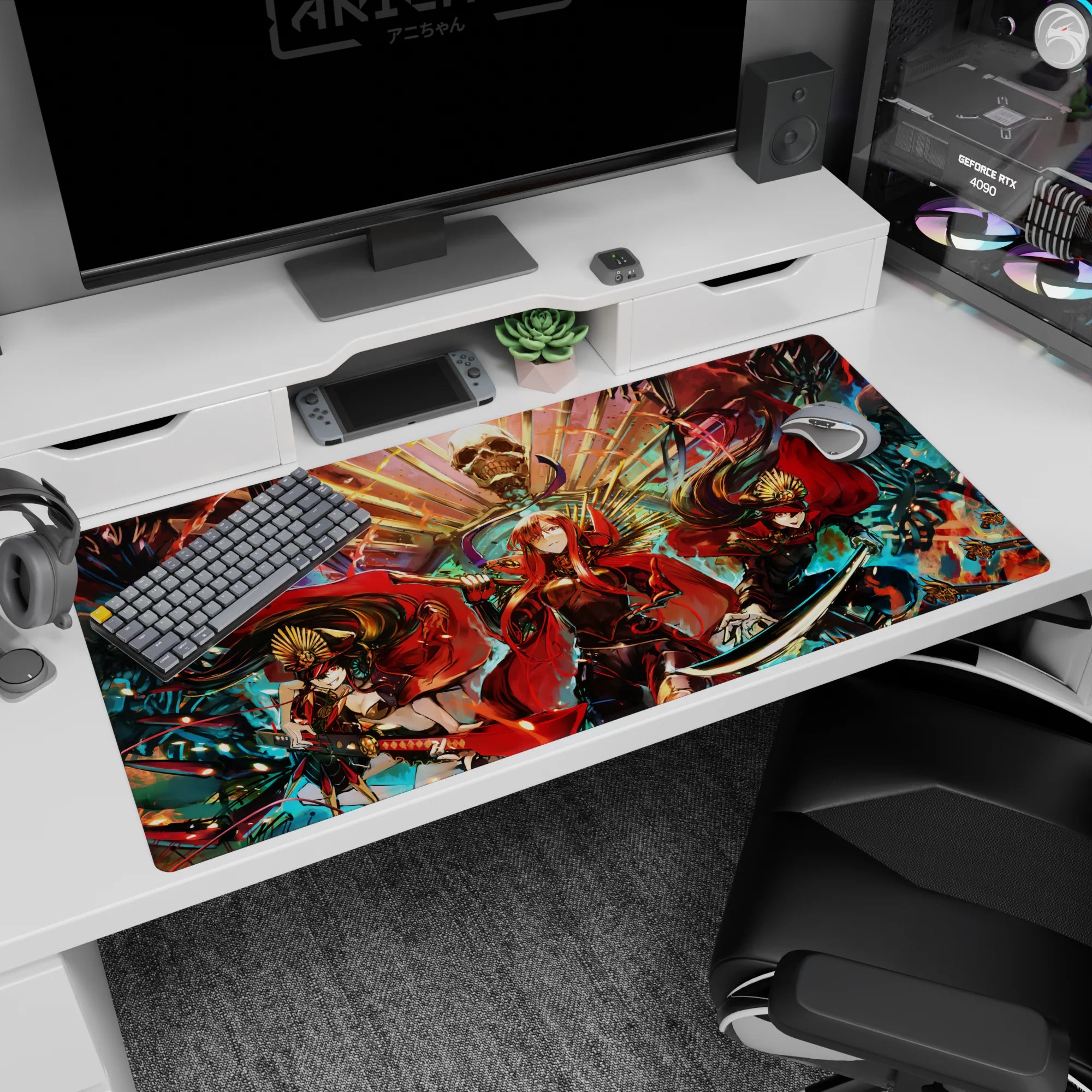 Anime girl desk pad 40x20 inches showing three red-cloaked heroines beneath a looming skull throne.