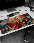 Anime girl desk pad 40x20 inches showing three red-cloaked heroines beneath a looming skull throne.