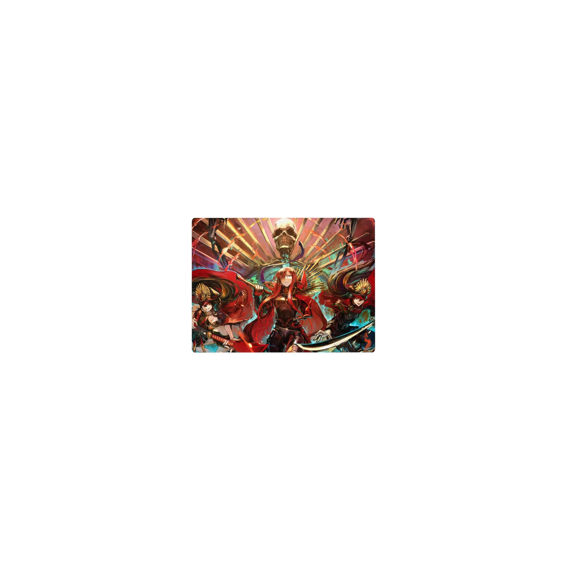 14x10 inches classic anime girl mouse pad with three crimson-cloaked heroines under a skull throne.