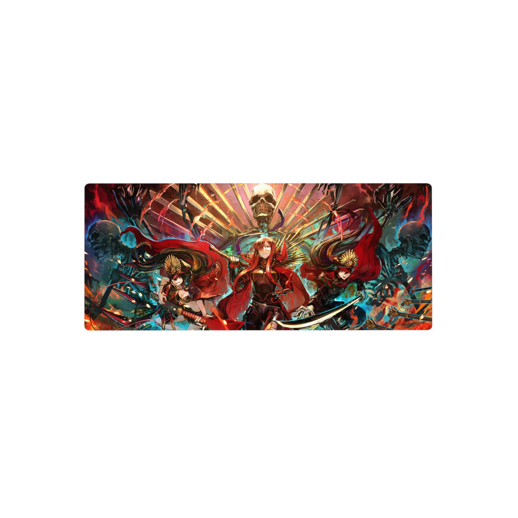 28x12 inches anime girl mouse pad with three crimson-cloaked heroines under a skull throne fantasy art.
