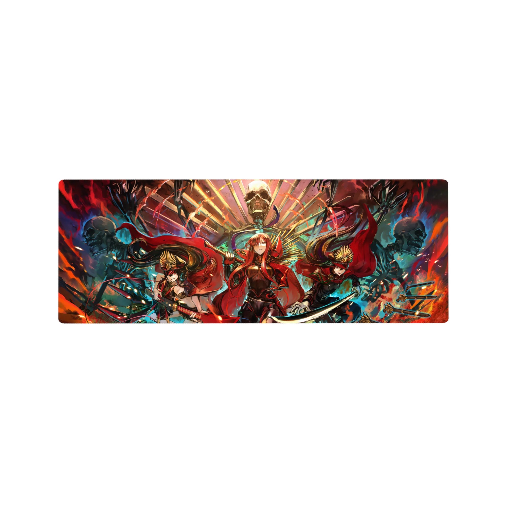 32x12 inches anime girl mouse pad with three crimson-cloaked heroines and a skull throne fantasy art.