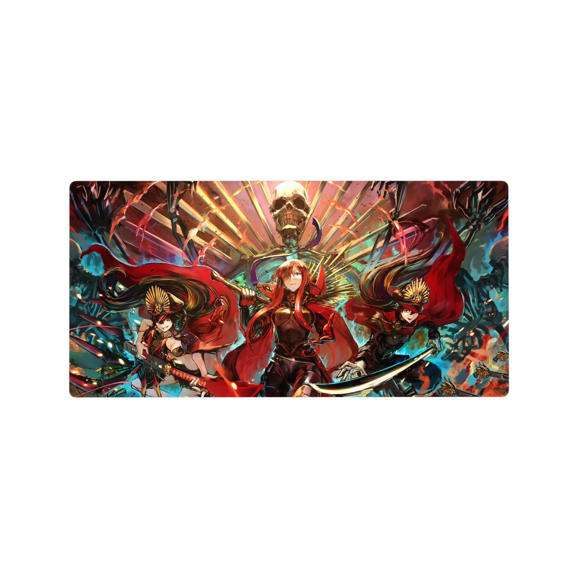 32x16 inches anime girl mouse pad with three crimson-cloaked heroines and a skull throne fantasy art.