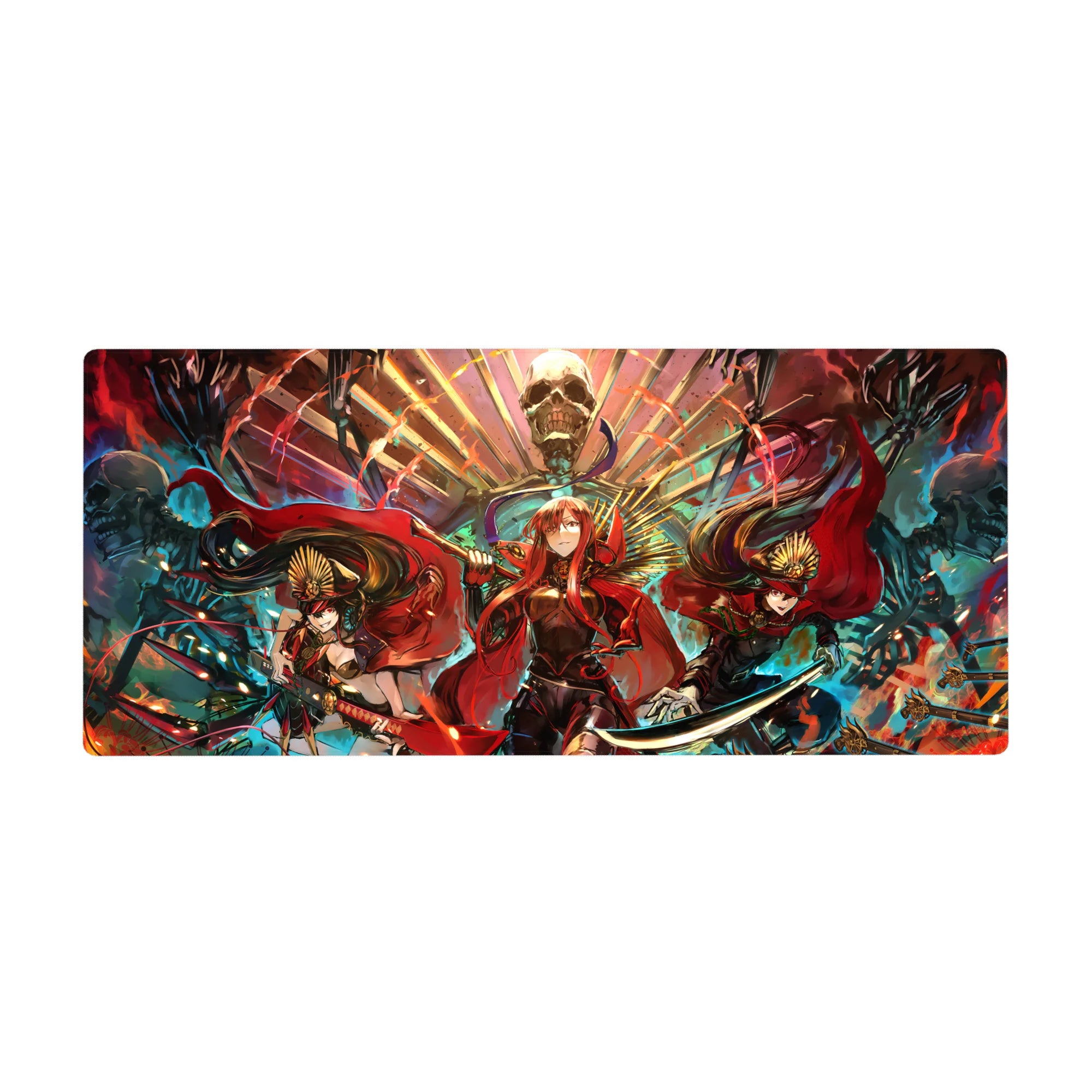 36x16 inches anime girl desk pad with three crimson-cloaked heroines under a skull throne fantasy scene.