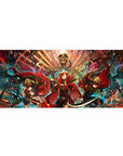 36x16 inches anime girl desk pad with three crimson-cloaked heroines under a skull throne fantasy scene.