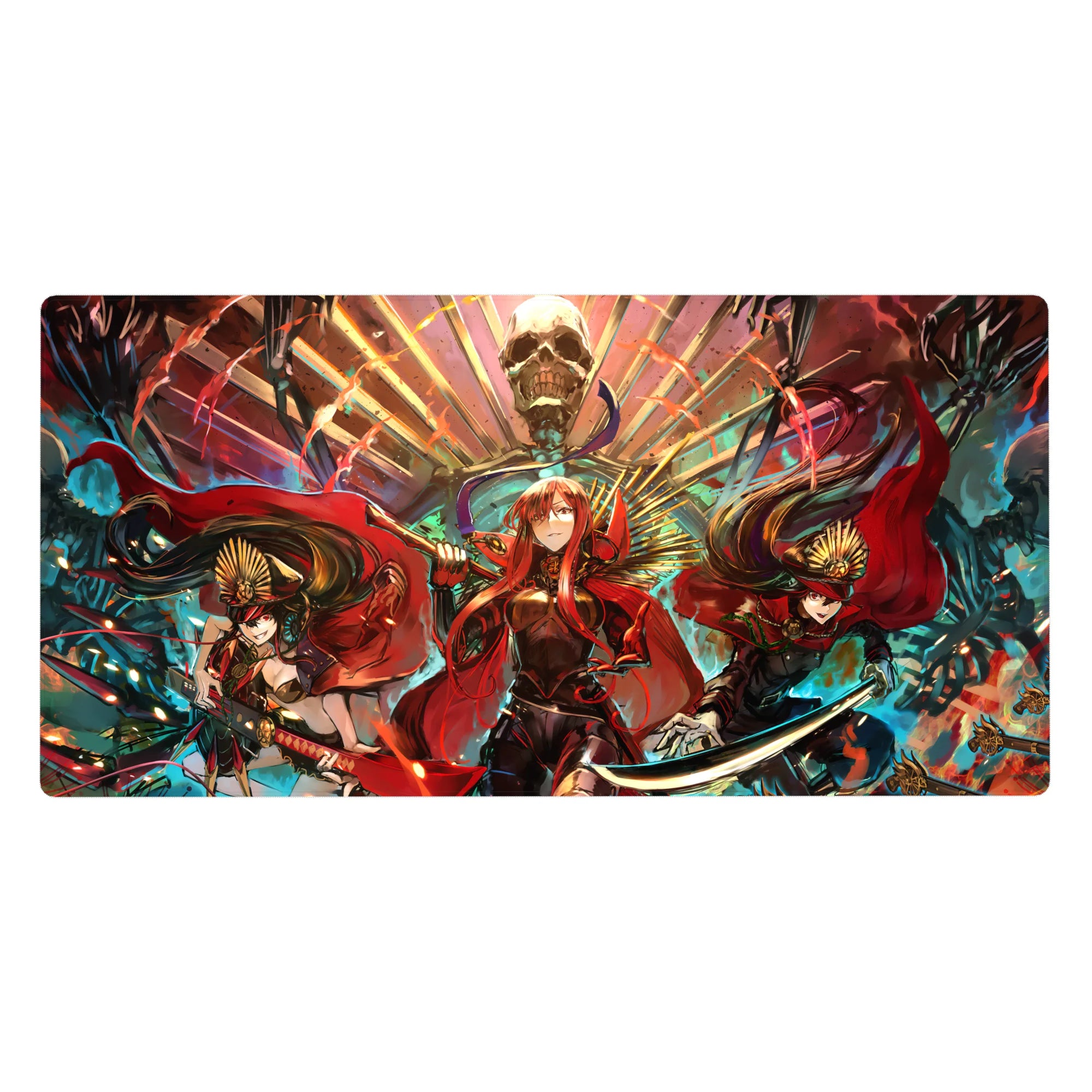 Anime girl desk pad 40x20 inches with three crimson-cloaked heroines and a skull throne fantasy scene.