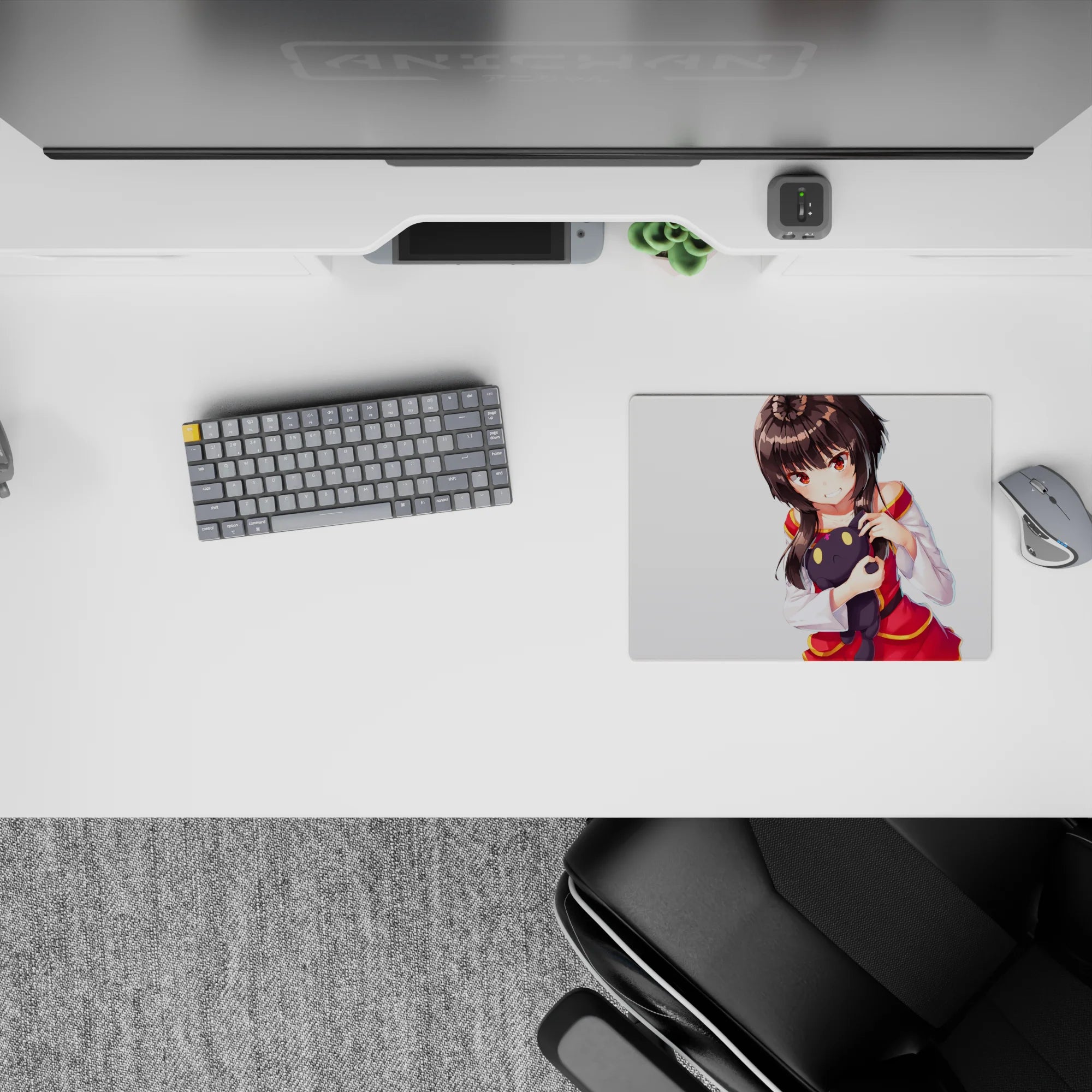 Cozy anime girl mouse pad 14x10 inches with warm glowing eyes, red-and-gold trim, soft shading.